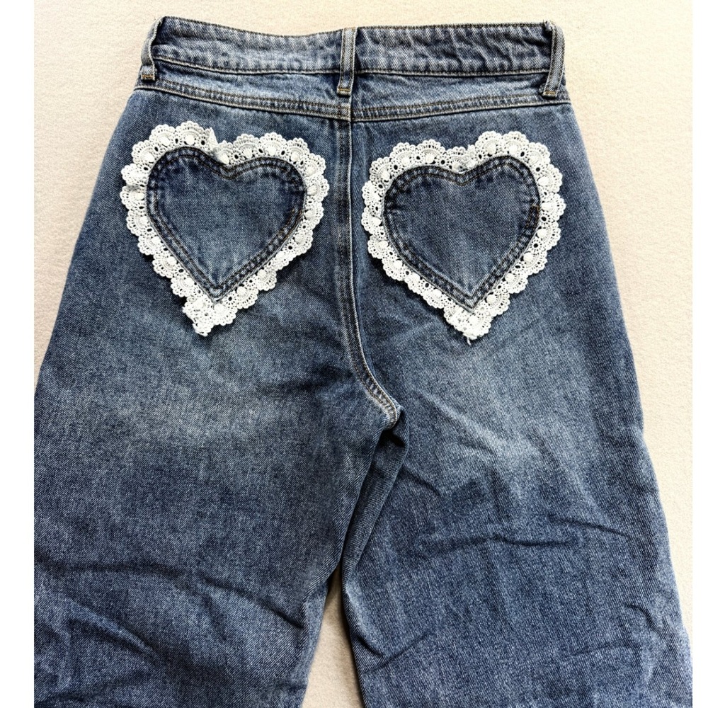Ashley Mason Wide Leg Jeans Women 3/26 Blue Lace Heart Back Pockets 26x28
